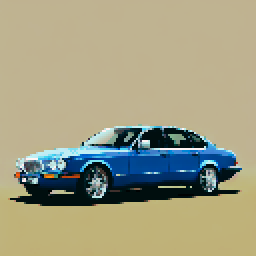 Photorealistic, centered Jaguar XJ8 in a three quarter view, right wheel in front, clean background, pixel art style with sRGB colors