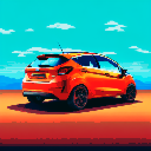 Photorealistic, centered Ford Fiesta in a three quarter view, right wheel in front, clean background, pixel art style with sRGB colors