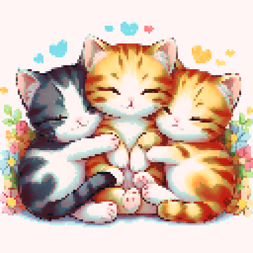 3 cute kitten cuddled together, in different colors, colorfull children's illustration