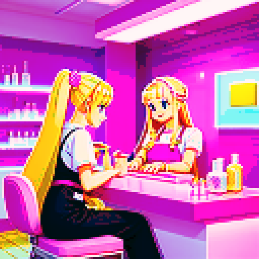 A nail tech with long blonde hair wearing a pink apron and a girl with brown hair sitting and facing each other in a nail salon. Nail polish bottles and UV lamps