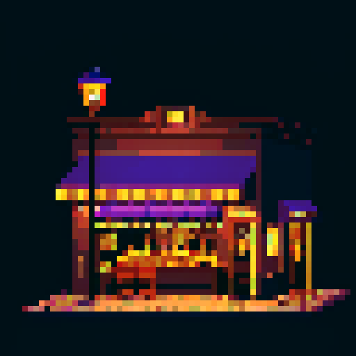 city, exterior of a bar, street light, night time, nocturne, black, dark purple, brown, gold, pixel art style, sRGB Cozy Character 4 images