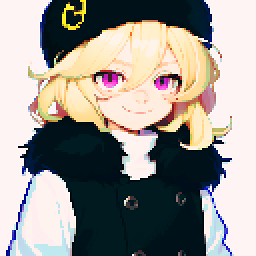 Solo male with perfect anatomy, straight-on, inframe, facing viewer, with round pupils, light blonde hair between eyes, wearing an ushanka hat with a black fur collar, a black vest, puffy sleeves, and black elbow gloves, his round eyes and pink eyes looking at the viewer, smile, in a pixel art style with sRGB colors, half closed eyes, best quality