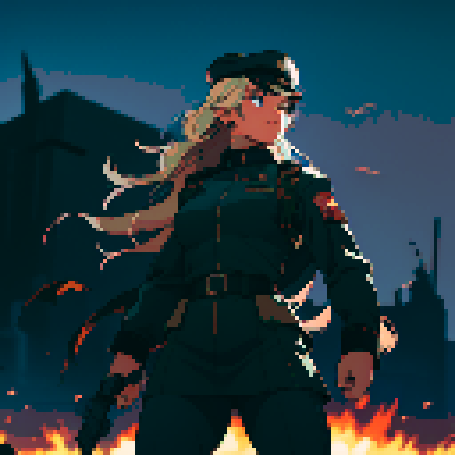 full-body image, muscle girl, female, thick biceps, big shoulders, big fists, muscular physique, thick waist, facing left, ready to fight, exaggerated proportions, black military uniform, black hat, military backdrop, sRGB, pixel art, army behind her, military behind her, army in background, army, soldiers, evil, dark, evil soldiers, black uniforms, destroyed town, battlefield
