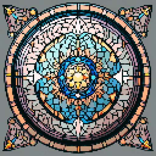 I want a beautiful circular stained glass window framed in copper with rivets around the edge. I want this object usable an asset in a videogame, meaning only one object per image, outlined with a strong black stroke, on a solid-color background.