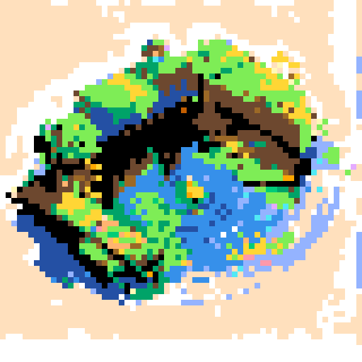 yellow duck in a pond, surrounded by lush greenery and reflecting sunlight in a serene pond with shimmering ripples and pixelated waves, creating a tranquil atmosphere in a picturesque landscape with vibrant colors using intricate pixel art in the sRGB palette