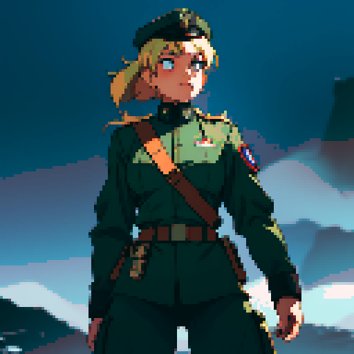 full-body image, muscle girl, female, thick biceps, big shoulders, big fists, muscular physique, thick waist, facing left, ready to fight, exaggerated proportions, black military uniform, black hat, military backdrop, sRGB, pixel art, army behind her, military behind her, army in background, army, soldiers, evil, dark, evil soldiers, nazi