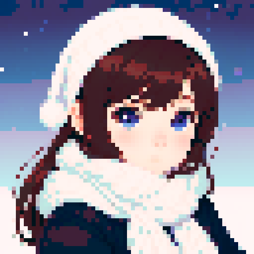 portrait, sprite art, young woman, cute, soft eyes, autistic, cozy winter, white scarf, shy, timid
