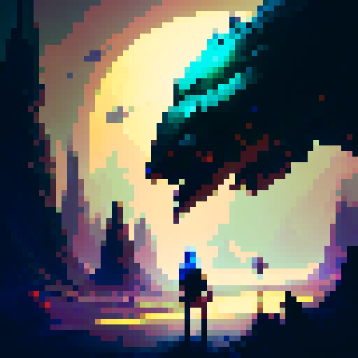 pixel art character, adventurer, light armor, 64x64 resolution, full body, fantasy RPG style, gleaming sword, lush green forest, magical creatures, vibrant sunset sky, swirling clouds, rays of golden light, Male