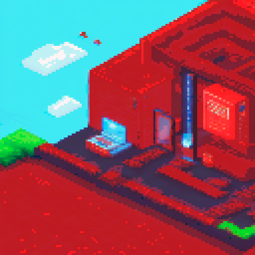 hacker, black hat, red-themed, pixel art, sRGB, server room, data center, cables, routers, switches, background, landscape