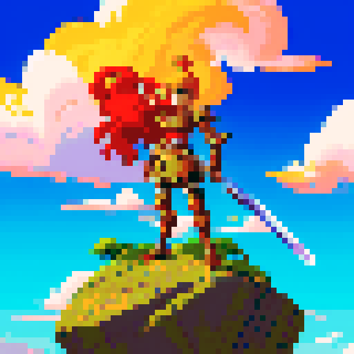 warrior, fierce, armored, wielding a mighty sword, standing on a rocky cliff, with vibrant pixelated clouds swirling in the sky, bathed in the vibrant colors of the sRGB palette