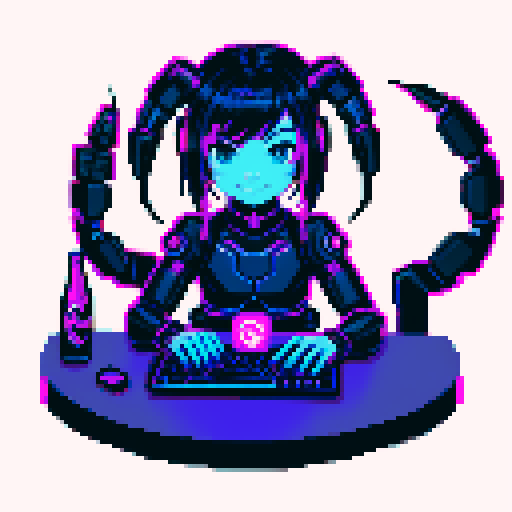 cute cyberpunk scorpion with human head, human head is anime inspired with vibrant hair, expressive eyes, and a playful smile, scorpion is playing computer games, tables with potato chips and coca cola, scorpion's tail should be fully in the picture