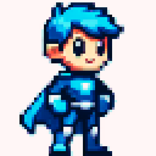 Please create a main character for my 2d platform pixel game.  Please make him look like a superhero.  Please use a color palette of mostly blues.