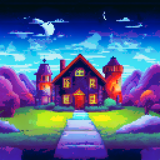 night, house with chimney, pastoral village, moon 