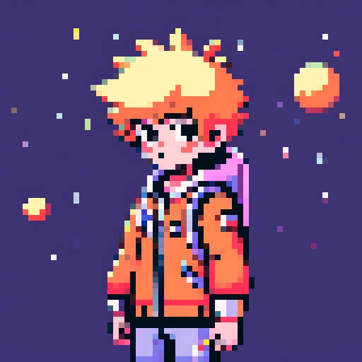 a kid with open arms, and a headpiece that resembles the sun, and a detail in his clothes on the chest area that resembles the moon. the background looks like outerspace, pixel art, sRGB