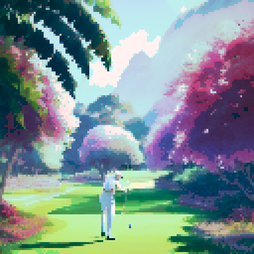 Sprawling, manicured fairways lined with vibrant flowers, towering palm trees casting long shadows, a golfer in pristine white attire swinging their club with precision, capturing the elegance and grandeur of a high-class golf course in a landscape portrait