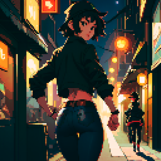 Night city street light background, young girl, short black hair, brown jacket, black jeans, beige hat, running, turn back, view from the back