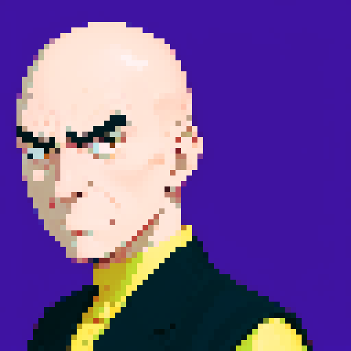 minister of foreign, serious expression, bald, close-up, confident stance, anime style, pixel art, suit, front view, 60-years-old, front view, bust