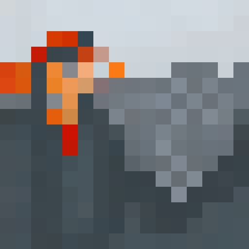 Flames engulf a tiny warrior in hot mode, their fiery armor reflecting the intensity of battle in this 16x16 pixel portrait.