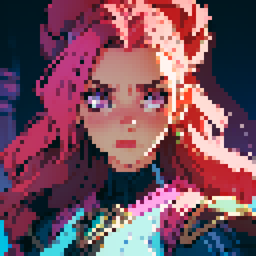 strong, busty, pixelated tavernkeeper woman portrait with non-vibrant colors, emphasized facial features