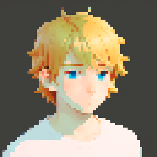 portrait, sprite art, young shy man, cozy, cute, light hair, soft eyes, neutral, curious, nerd
