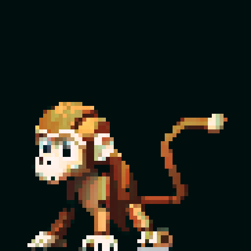 wooden, mechanical animal sculpture; monkey with branch; sitting on floor; tilted head; looking at camera; white background; Jean-Baptiste Monge style; pixel art, sRGB