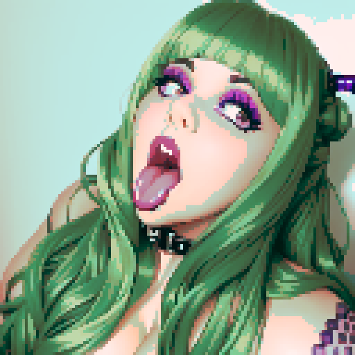 thicc, curvy, seductive busty goth babe with studded collar, long purple hair in buns, fishnet stockings, orgasmic aroused nude big titty goth in a nude sexy pose, pixel art, sRGB