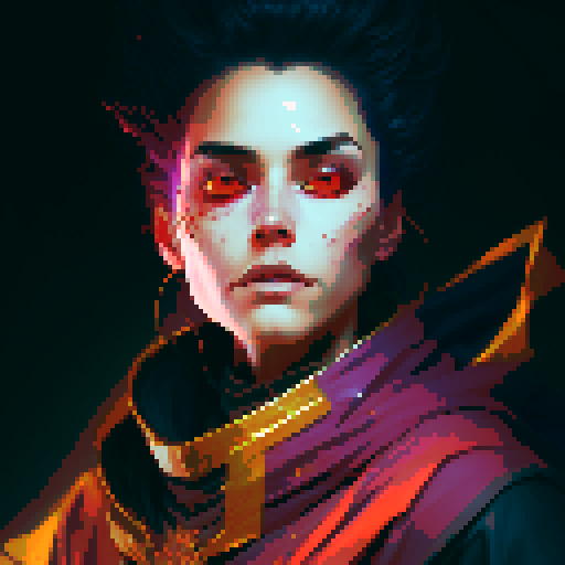 Dark Evil Wizard with black hair and bright eyes, wearing a red and black robe with golden-trimmed lining, conjuring a blazing fireball in a fantasy RPG style