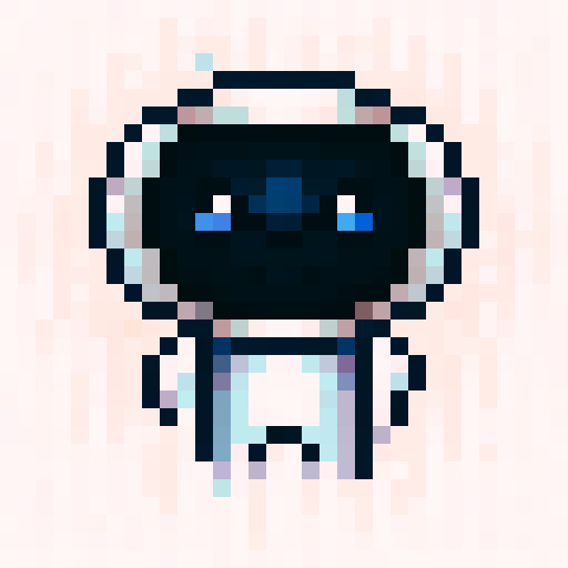 Round, rosy-cheeked robot smiling contentedly with big, bright eyes, crafted in charming 32x32 pixel art, highlighting its endearing, skillful design for a game icon.