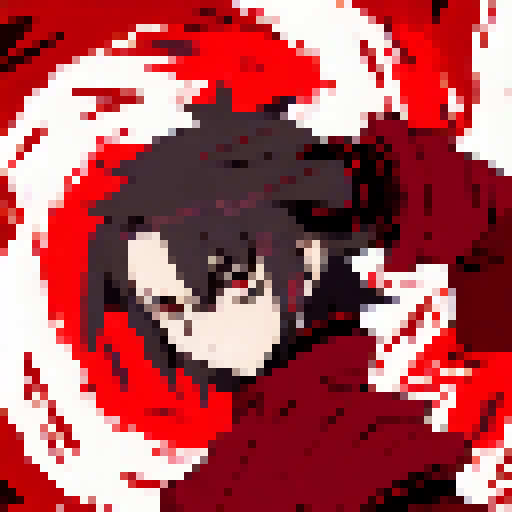 Rogue assassin and demon slayer, adorned in red and black garb, fiercely battle amidst a Yo-Hokki Style world of swirling smoke and sharp-edged shadows.