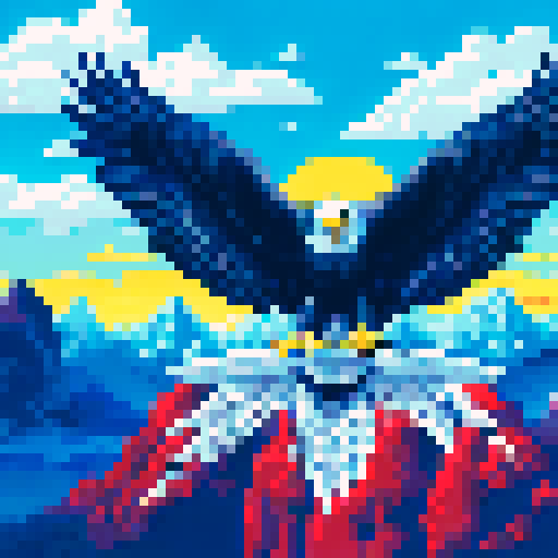 eagle, majestic, soaring, powerful wings, fierce gaze, American flag, patriotic colors, detailed feathers, vibrant background, scenic landscape, sRGB, pixel art