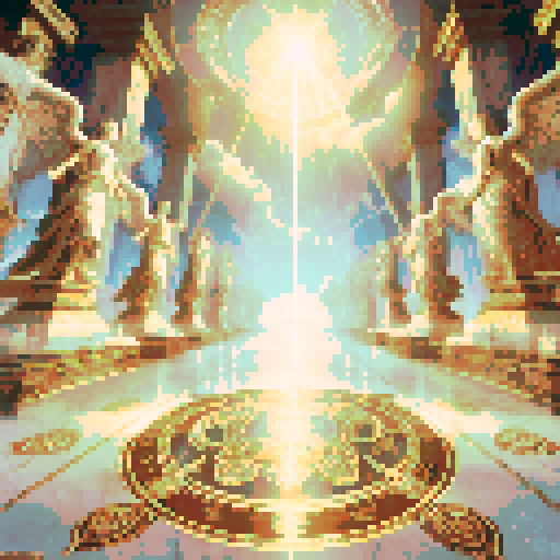 A divine battleground with a glowing marble floor inscribed with holy symbols. Angelic statues and golden light beams frame the space, with a serene, radiant atmosphere.
