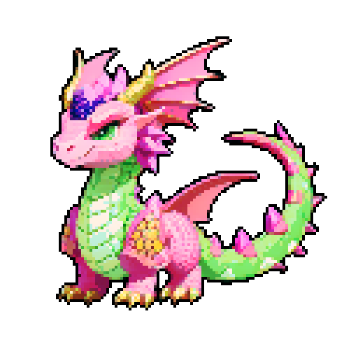 A majestic, fully grown dragon with gleaming scales and powerful wings. It has a wise and regal expression, with large horns and a long, spiked tail. Its eyes are filled with ancient knowledge, and it exudes an aura of strength and authority. No background.
