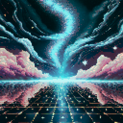 A celestial arena with a glossy, reflective black floor. The background features swirling cosmic clouds, faint stars, and auroras blending into a vast, starry sky