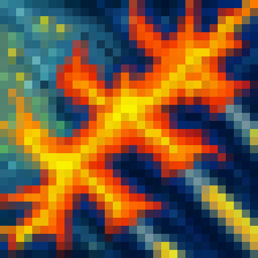 Fiery explosion engulfs the battlefield, scorching the earth and painting the sky crimson and orange in a 32x32 pixelated art style.