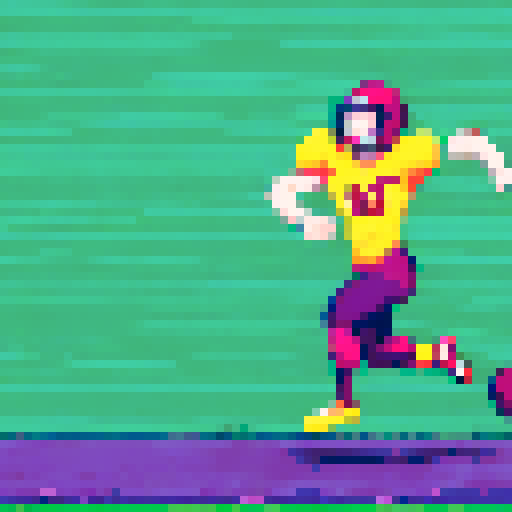 Wide player screen, sRGB pixel art, background landscape, SS (Strong Safety), Running Speed bar, Rushing Power bar, Maximum Speed bar, Hitting Power bar, Ball Control bar, Receptions bar, KR (Kick Returner) % No, Yards, AVG, TD, PR (Punt Returner) % No, Yards, AVG, TD, Rushing % No, Yards, AVG, TD, Receive % No, Yards, AVG, TD, Short bio