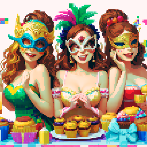  happy women in carnival costume,  in a Masquerade mask, cakes, muffins next to her