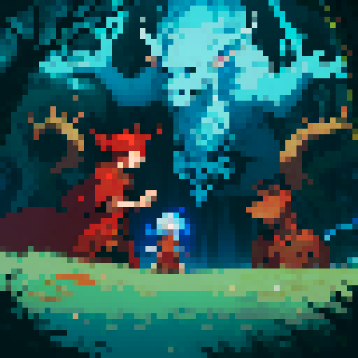 Hand fist, adorned with ornate, intricately carved runes, pulsating with ethereal energy, casting a spell in a mystical, ancient forest, surrounded by mythical creatures. Red and blue environment. Pixel art