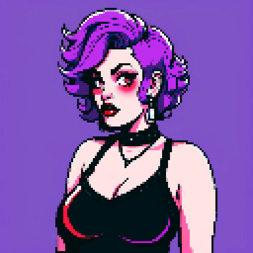 Plus size curvy, cute, busty greaser goth girl, with purple hair, black eyeshadow, red lipstick. Large breasts, large chest, wearing halter top and studded collar. Posing for sexy photo. whole head portrait, avatar photo. vibrant sRGB colors, pixel art, edgy aesthetic