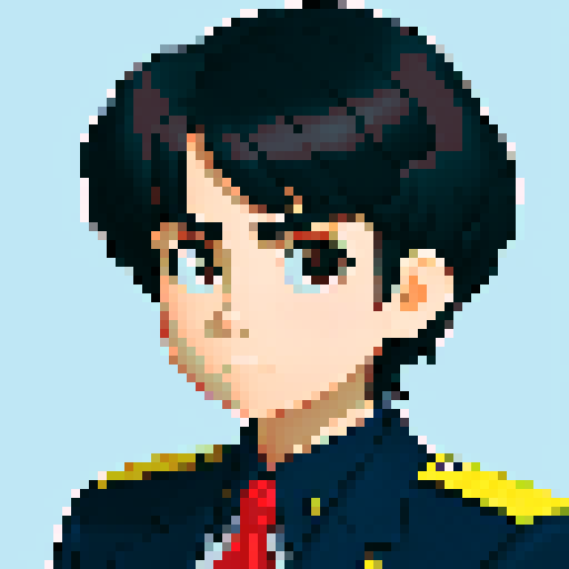 police chief, black hair, close-up, confident stance, anime style, pixel art, suit, front view, 50-years-old, front view, bust, serious expression