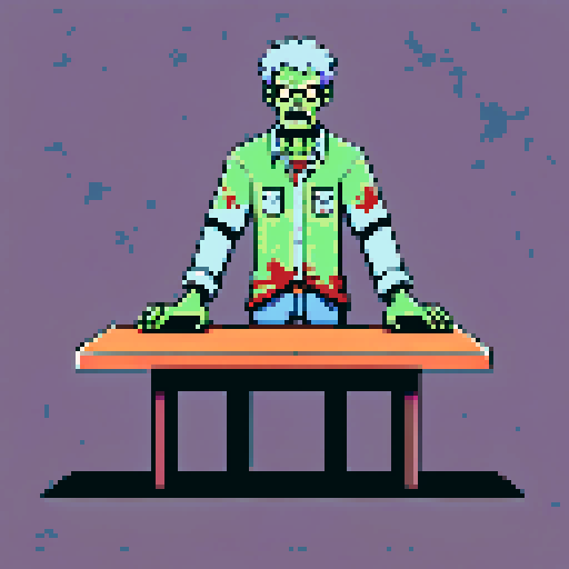 Zombie, laying on table face up, looking at camera, limbs detached, pixel art, sRGB
