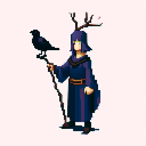 old raven-like druid with a staff