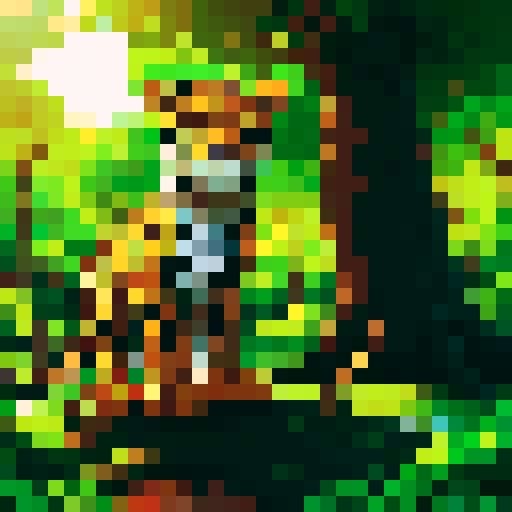 a cute jaguar in the forest. the scenery have two big trees, one at each side. the sky have a bright yellow sun
