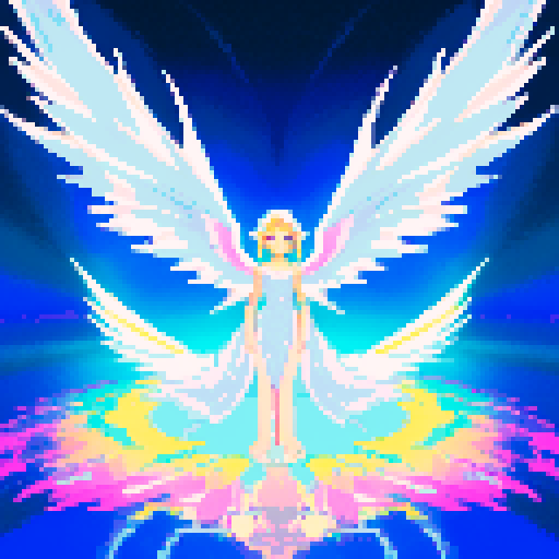 
Beautiful, ethereal angel with shimmering wings and flowing, liquid-like chrome body, rendered in minimalist pixel art with vibrant, dazzling sRGB colors