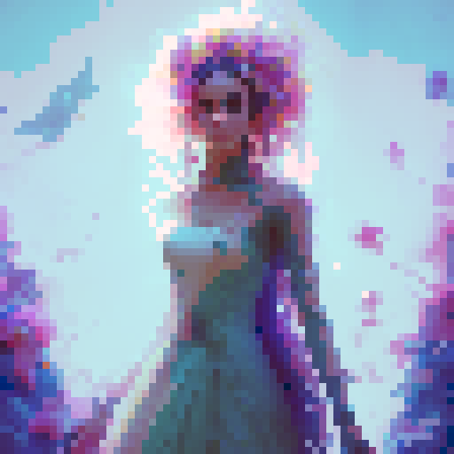 magic girl, flowing pastel-colored dress, long flowing hair, holding a glowing staff, surrounded by vibrant flowers and whimsical creatures, in a lush enchanted garden, with a hint of ethereal glow