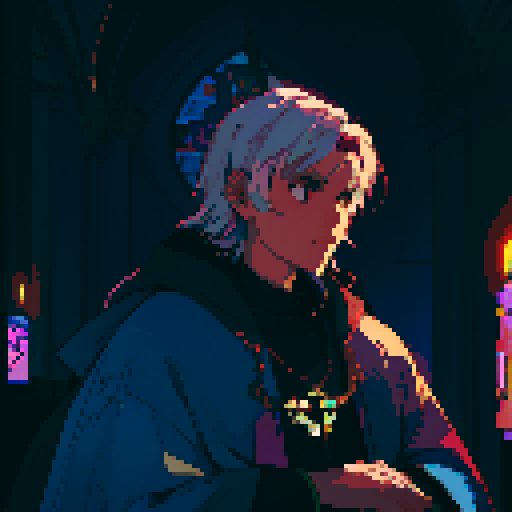 Priest, stained glass windows, vibrant colors, ornate robes, pixelated halos, illuminated Bible, candlelit altar, mosaic patterns, religious symbols, low resolution, retro aesthetic