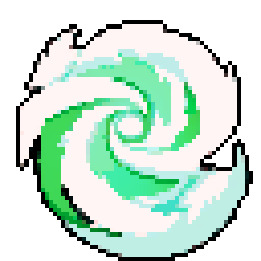 Minimalistic, clean icon of wind magic with swirls of light green and white, visually appealing and recognizable, featuring gusts of wind and feathers, created in pixel art style using sRGB colors