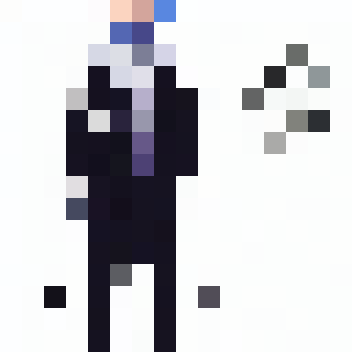 chico de cabello azul, ojos, negros, camisa blanca cubierta por un suéter negro con cuello acolchado blanco, pantalon negro azulado oscuro, cinturon gris amarrado a su pierna derecha, tenis blanco con azul 