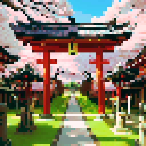 shinto shrine, collection box, pixel art, sRGB, torii gate, wooden architecture, red roof, stone lanterns, cherry blossom tree, moss-covered stones, serene atmosphere