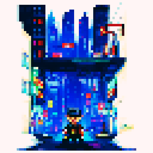 Slick gangster, cigar in mouth, strolls through neon-lit city streets surrounded by towering skyscrapers, vintage cars, and flickering streetlights amidst a bustling urban landscape