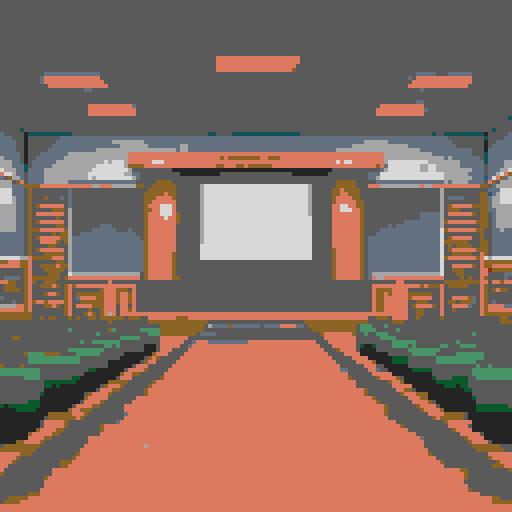 Cozy background to a game about studying and learning, perhaps a big lecture hall. Background should be subtle colors and classy